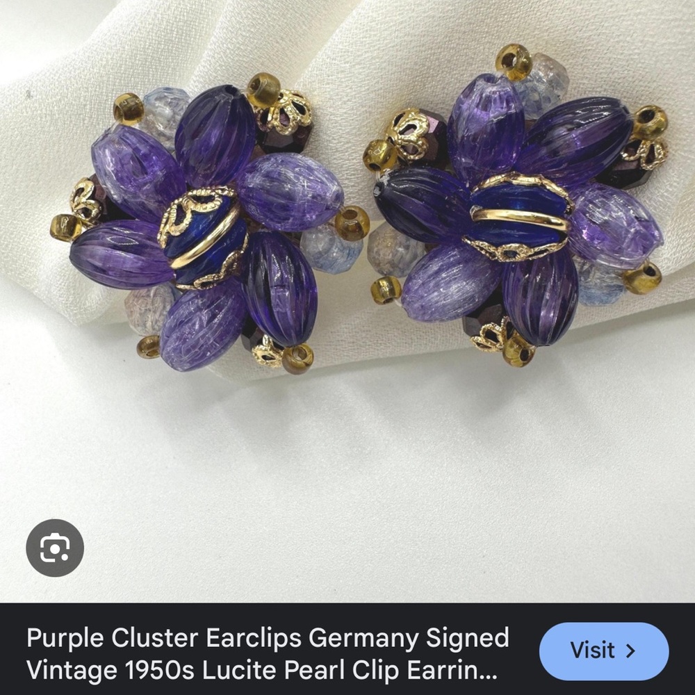 Vintage Purple Lucite Pearl Clip Earrings vintage 1950s signed Germany